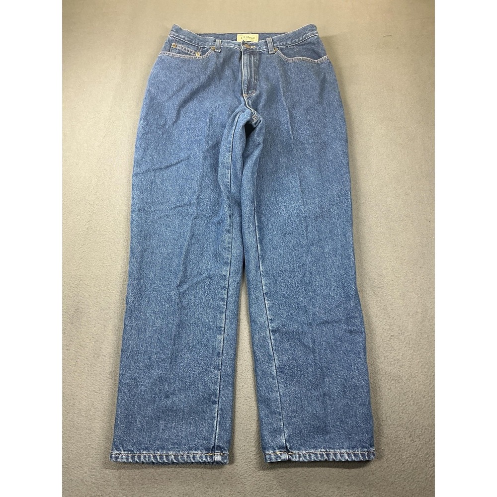 L.L.Bean Jeans Womens 14 REG Blue High Rise Flannel Lined Relaxed Straight Denim